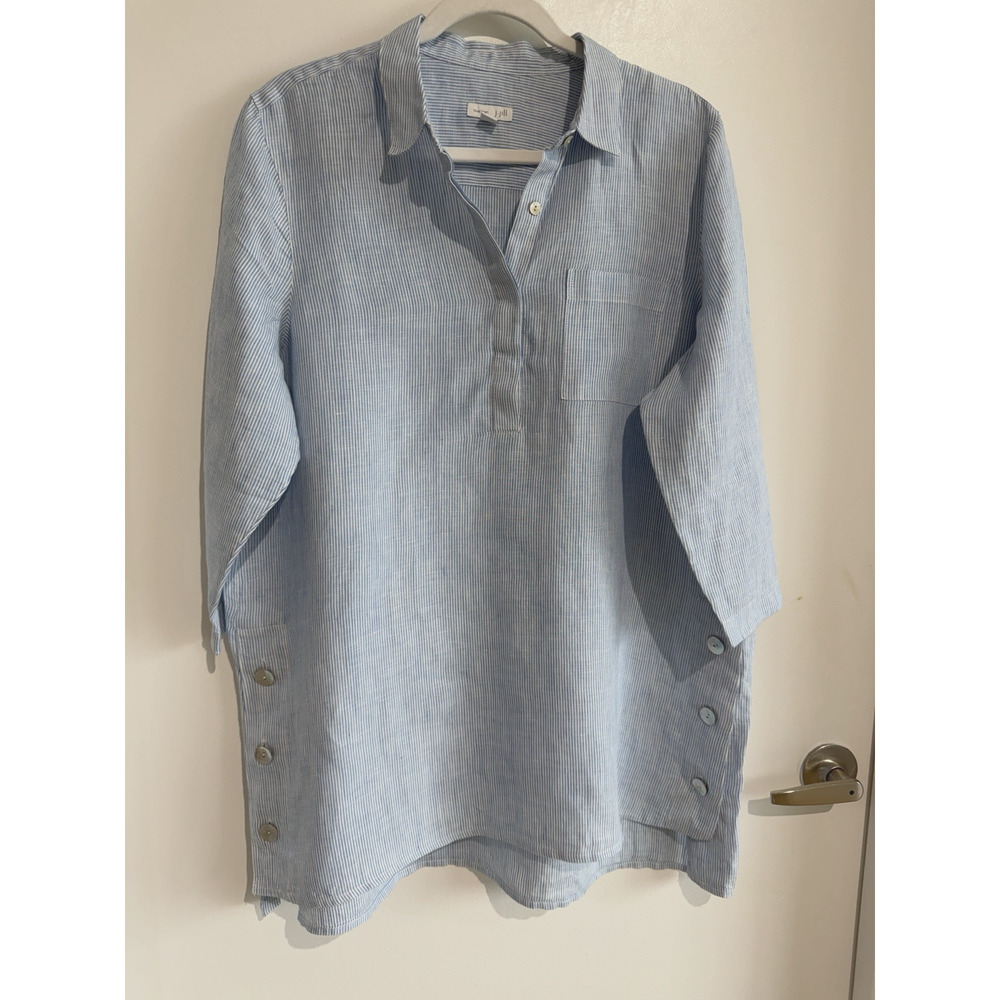 J. Jill Love Linen Striped Tunic Blouse Blue White unique side Slit relaxed Sz-M - Picture 2 of 10